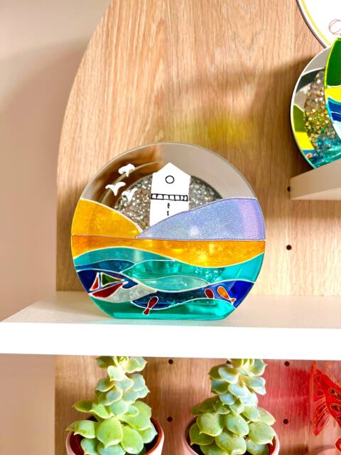 Lighthouse Tealight Holder, Handpainted Nautical Crystal Mirror Art, Seaside Sealife Home Decor, New Gift, Housewarming Gift For Her - image 1