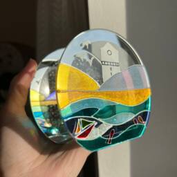 Lighthouse Tealight Holder, Handpainted Nautical Crystal Mirror Art, Seaside Sealife Home Decor, New Gift, Housewarming Gift For Her - thumbnail 3