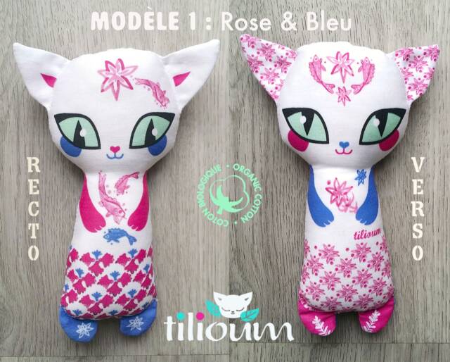 Siam Rattle Cat Pink Ecological Toy Organic Cotton Fabric Illustrated Watercolor, Cuddly Kitten Two Faces, Birth Gift Girl Baby, Fish - image 1