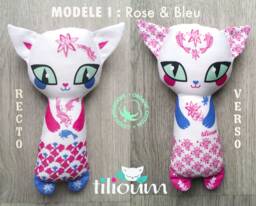 Siam Rattle Cat Pink Ecological Toy Organic Cotton Fabric Illustrated Watercolor, Cuddly Kitten Two Faces, Birth Gift Girl Baby, Fish