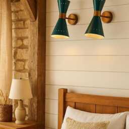 Vintage Green Brass Diabolo Wall Sconce Pair - Mid Century Sputnik Light - thumbnail 2