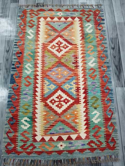 Multicolour Rug, Handmade Artisan Afghan Turkish Scandinavian Navajo Bohemian Flatweave Wool Kilim 156x99 cm - image 1