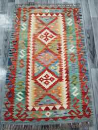 Multicolour Rug, Handmade Artisan Afghan Turkish Scandinavian Navajo Bohemian Flatweave Wool Kilim 156x99 cm - thumbnail 1