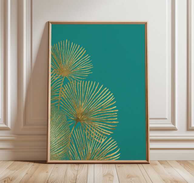 Gold Palm Leaf Poster, Modern Tropical Wall Art Print, Teal & Botanical Decor, Minimalist Nature Inspired Artwork, Contemporary Print - image 1