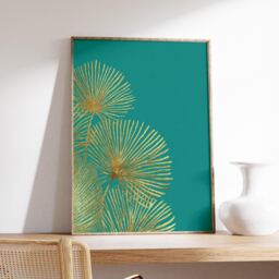 Gold Palm Leaf Poster, Modern Tropical Wall Art Print, Teal & Botanical Decor, Minimalist Nature Inspired Artwork, Contemporary Print - thumbnail 2