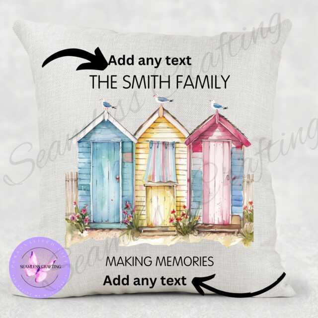 Personalized Beach Hut Linen Cushion Nautical Summer Gift - image 1