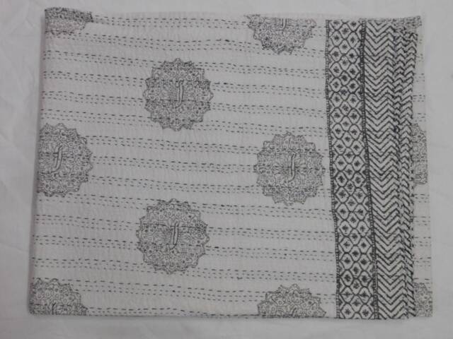 Hand Block Printed Kantha Quilt - Indian Cotton Bedspread Throw - image 1