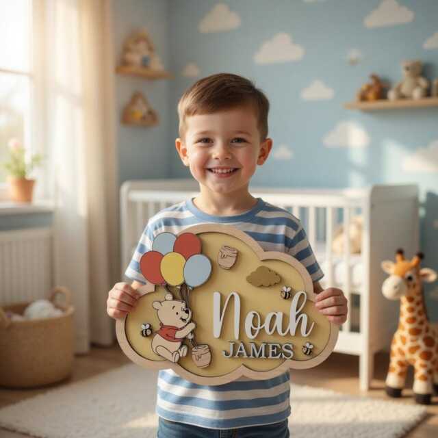 Personalized Winnie The Pooh Nursery Name Sign, 3D Wood Bear Wall Art, Custom Baby Room Decor, Gift, Wooden Plaque - image 1