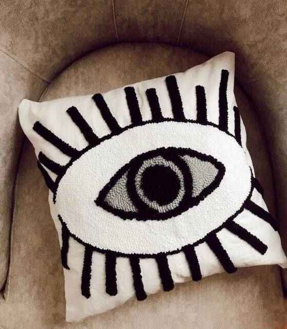 Hand Tufted Punch Needle Pillow Cover, Decorative Embroidered Cushion Cover, Evil Eye Embroidery Rug, Unique Gift, Mid Century Decor - image 1