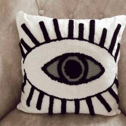 Hand Tufted Punch Needle Pillow Cover, Decorative Embroidered Cushion Cover, Evil Eye Embroidery Rug, Unique Gift, Mid Century Decor - thumbnail 4
