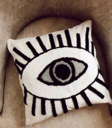 Hand Tufted Punch Needle Pillow Cover, Decorative Embroidered Cushion Cover, Evil Eye Embroidery Rug, Unique Gift, Mid Century Decor - thumbnail 1