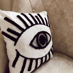 Hand Tufted Punch Needle Pillow Cover, Decorative Embroidered Cushion Cover, Evil Eye Embroidery Rug, Unique Gift, Mid Century Decor - thumbnail 2