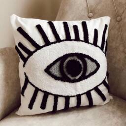 Hand Tufted Punch Needle Pillow Cover, Decorative Embroidered Cushion Cover, Evil Eye Embroidery Rug, Unique Gift, Mid Century Decor - thumbnail 3