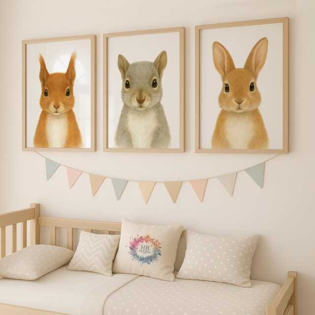 Woodland Nursery Decor - 30 Design Choices, Squirrel Rabbit, Baby Bedroom Print Set, Boys Girls, Forest Animal Prints, Kids Wall Art - image 1