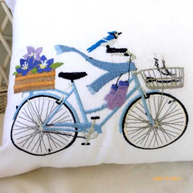 Embroidered Winter Bicycle Pillow Cover Canvas Fabric With Blue Bike - image 1