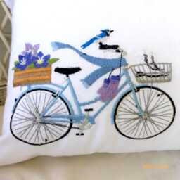 Embroidered Winter Bicycle Pillow Cover Canvas Fabric With Blue Bike - thumbnail 1