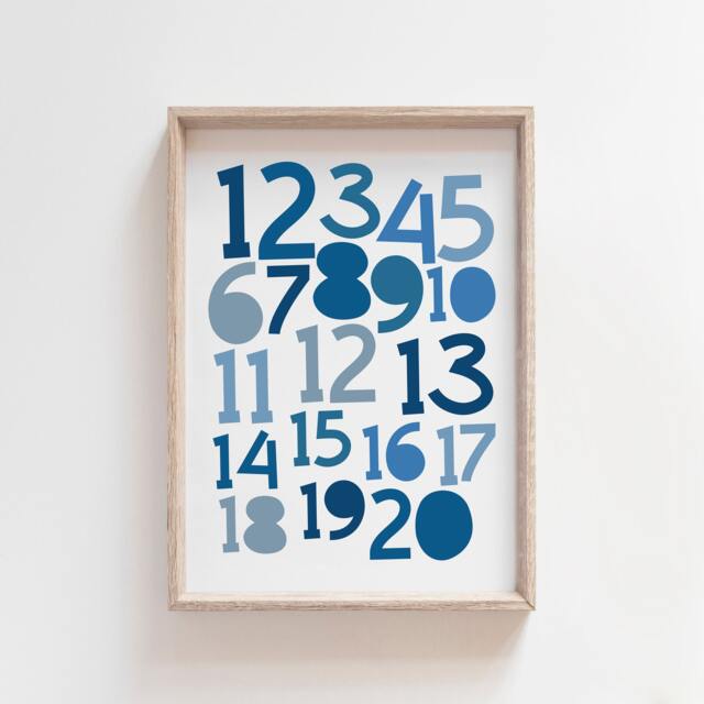 Boys Blue Numbers Print, Nursery Bedroom Prints, Playroom Wall Art, Poster, Educational Art - image 1