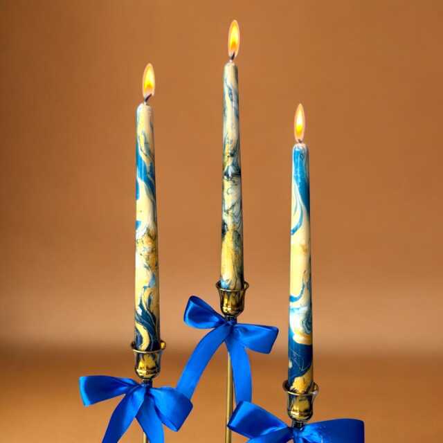 Gold Royal Blue Marble Candles, Tall Taper Candle Set, Dinner Candles, Gold Dark Blue Home Decor, Wedding Candle, Christmas Pillar Gift - image 1