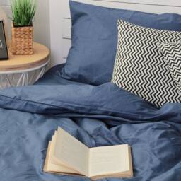 Cotton Bedding Set Of 5 Pieces in Blue. Flat Sheet, Fitted Duvet Cover + 2 Pillowcases. Twin Full Queen Au Eu Bed Linen - thumbnail 2