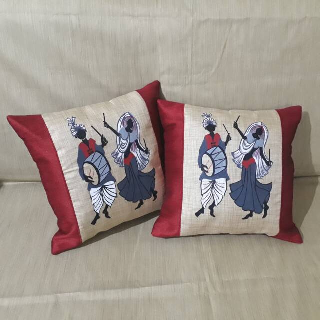 Set Of 2/Original Hand Painted Cushion Cover /Decorative Decorative Pillow Indian Dancing Figure/ Red Beige - image 1