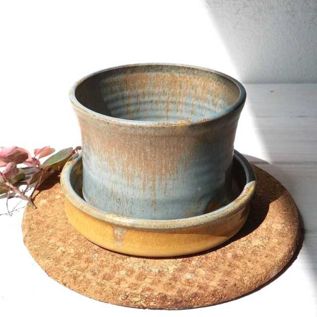 Pottery Plant Pot, Planter With Dish, Succulent Hole, Ceramic Pot & Plate, Blue Planter, With Hole - image 1