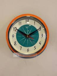 Midcentury Atomic Wall Clock Neon Tangerine & Turquoise - thumbnail 1