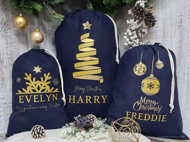 Personalised Christmas Stocking - Modern Stylish Santa Sacks Gold & Glitter Navy Blue Present Bag With Name Children Gift For Him Her - image 1