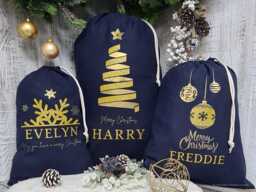 Personalised Christmas Stocking - Modern Stylish Santa Sacks Gold & Glitter Navy Blue Present Bag With Name Children Gift For Him Her