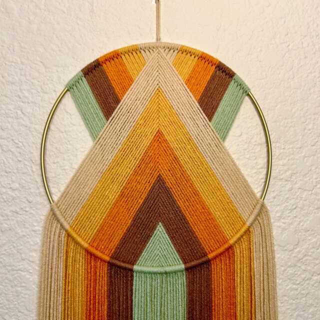 Retro Yellow Rainbow Yarn Wall Hanging, Brown Orange & Green Art, Handmade Hangings, Modern Macrame, 70's Decor - image 1