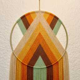 Retro Yellow Rainbow Yarn Wall Hanging, Brown Orange & Green Art, Handmade Hangings, Modern Macrame, 70's Decor
