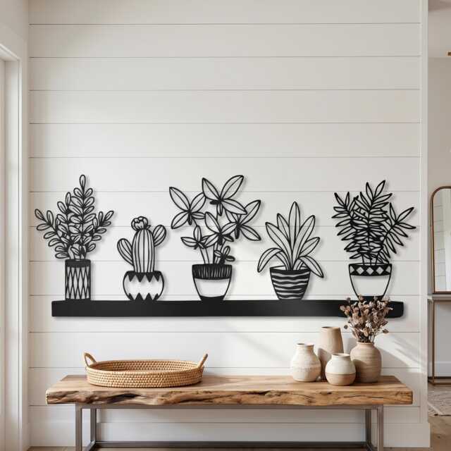 Metal Wall Art, 5 Potted Plants Botanical Decor, Cactus Succulent Modern Farmhouse Garden Gift - image 1