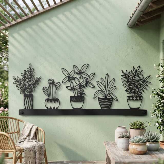 Metal Wall Art, 5 Potted Plants Botanical Decor, Cactus Succulent Modern Farmhouse Garden Gift - image 1