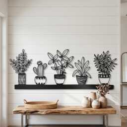 Metal Wall Art, 5 Potted Plants Botanical Decor, Cactus Succulent Modern Farmhouse Garden Gift