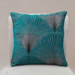 Art Deco Retro Fan Cushion. Teal Blue & Silver Vintage Design. Luxury Velvet Chenille. 17x17