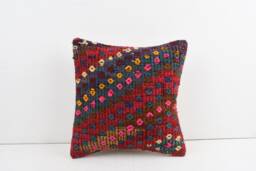Vintage Turkish Kilim Pillow Cover Handwoven Wool Cushion - 16x16 - thumbnail 1