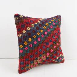 Vintage Turkish Kilim Pillow Cover Handwoven Wool Cushion - 16x16 - thumbnail 2