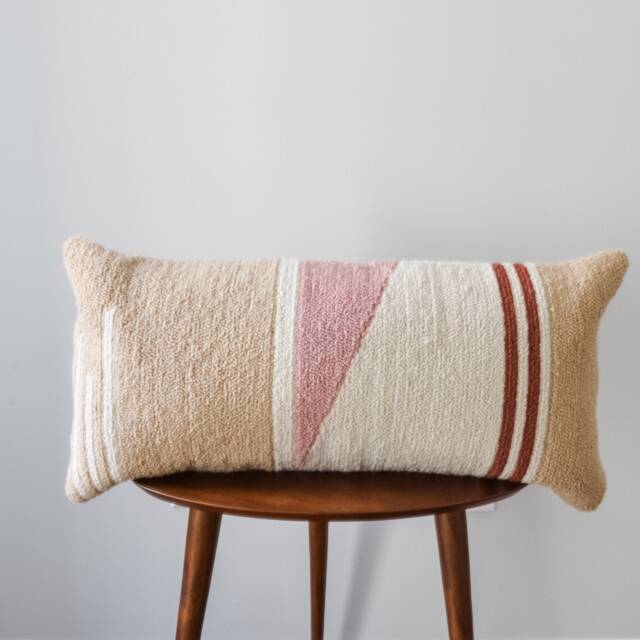 Handwoven Mauve & Cream Lumbar Pillow - Dusty Pink Handcrafted Cushion, Neutral Textured Bohemian Cover