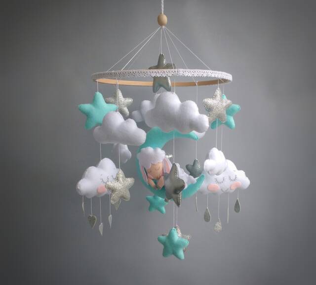 Felt Sheep Baby Mobile Moon, Stars & Clouds Nursery Decor - image 1