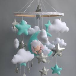 Felt Sheep Baby Mobile Moon, Stars & Clouds Nursery Decor - thumbnail 3
