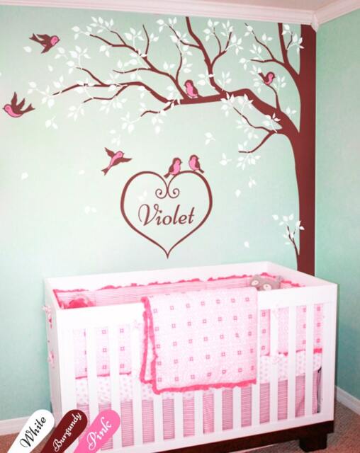 Creative Nursery Corner Tree Wall Decals With Personalized Baby Name & Birds White Wall Decoration Tattoo Kw006_2 - image 1