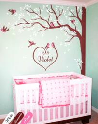Creative Nursery Corner Tree Wall Decals With Personalized Baby Name & Birds White Wall Decoration Tattoo Kw006_2 - thumbnail 1