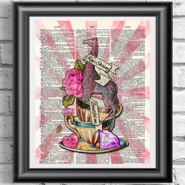 Dictionary Book Art Giraffe, Goth Print, Diamond Wall Decor, Hanging, Mixed-Media Teacups & Pink Gems Poster - image 1