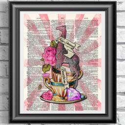 Dictionary Book Art Giraffe, Goth Print, Diamond Wall Decor, Hanging, Mixed-Media Teacups & Pink Gems Poster - thumbnail 1