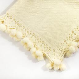 Knitted Baby Blanket With Pom Poms - Cream White, Shower Gift, Knit Lace Blanket, Christening Christmas Handmade Afghan - thumbnail 3