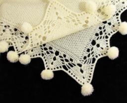 Knitted Baby Blanket With Pom Poms - Cream White, Shower Gift, Knit Lace Blanket, Christening Christmas Handmade Afghan