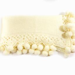 Knitted Baby Blanket With Pom Poms - Cream White, Shower Gift, Knit Lace Blanket, Christening Christmas Handmade Afghan - thumbnail 2