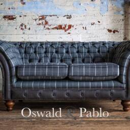 British Handmade 2 Seater Grey Tweed Chesterfield Sofa - Vintage Distressed Leather Details - thumbnail 2
