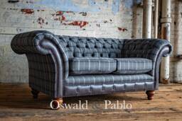 British Handmade 2 Seater Grey Tweed Chesterfield Sofa - Vintage Distressed Leather Details