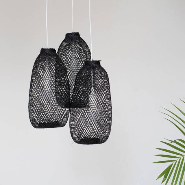 Triple Bamboo Pendant Light - Handwoven Black Fishing Trap Lamp - image 1