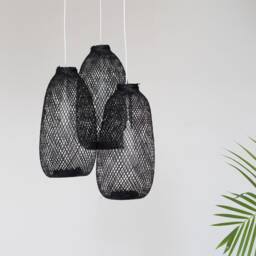 Triple Bamboo Pendant Light - Handwoven Black Fishing Trap Lamp - thumbnail 1